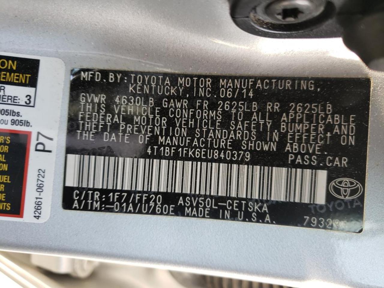 Photo 10 from auction – 2014 TOYOTA CAMRY L with VIN 4T1BF1FK6EU840379