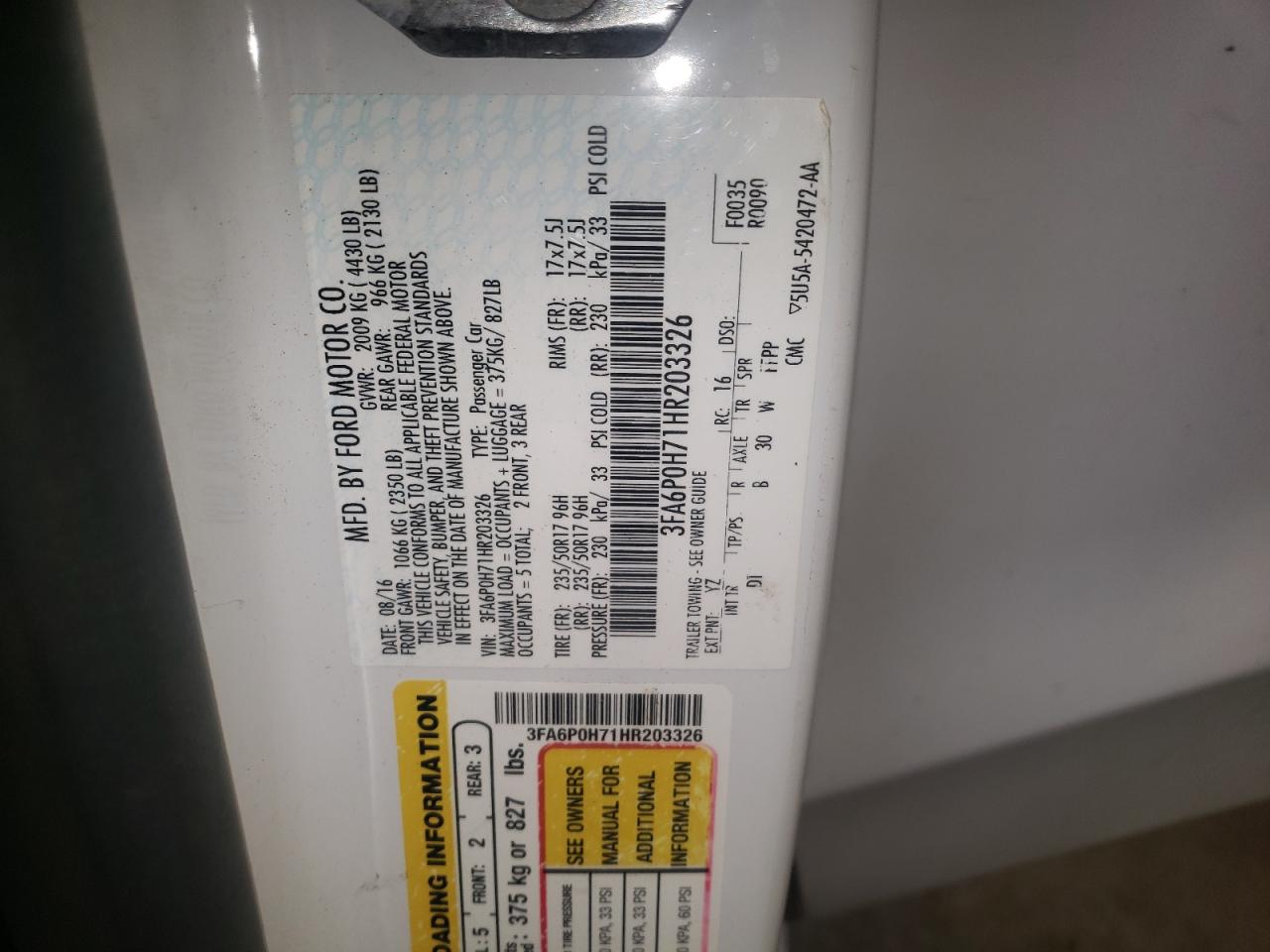 Photo 10 from auction – 2017 FORD FUSION SE with VIN 3FA6P0H71HR203326