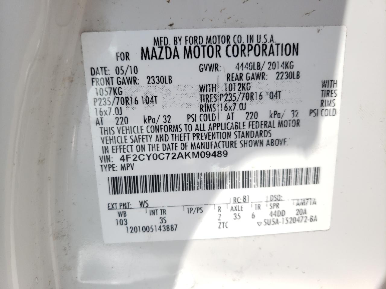 Photo 10 from auction – 2010 MAZDA TRIBUTE I with VIN 4F2CY0C72AKM09489