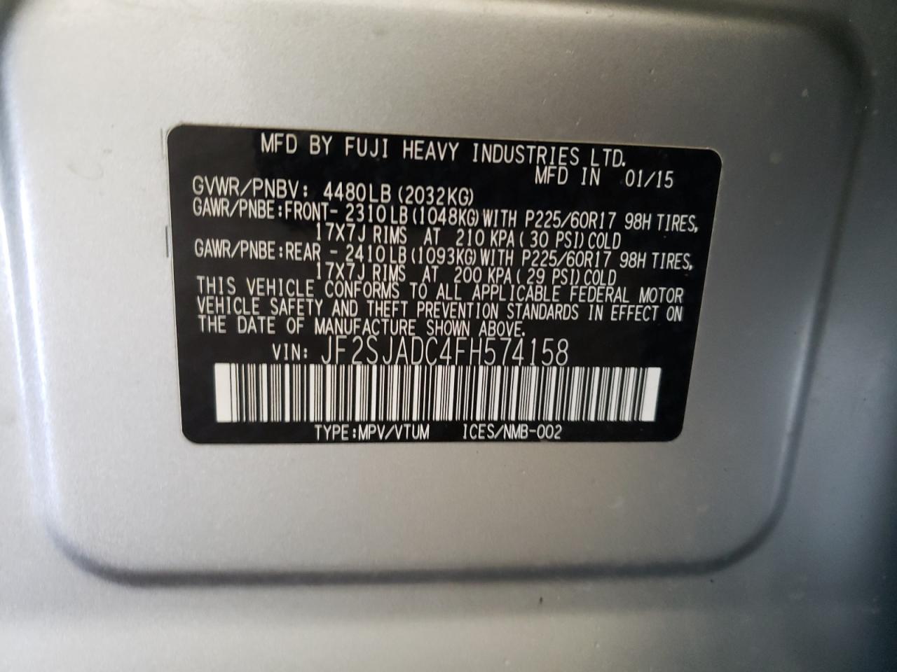 Photo 10 from auction – 2015 SUBARU FORESTER 2 with VIN JF2SJADC4FH574158