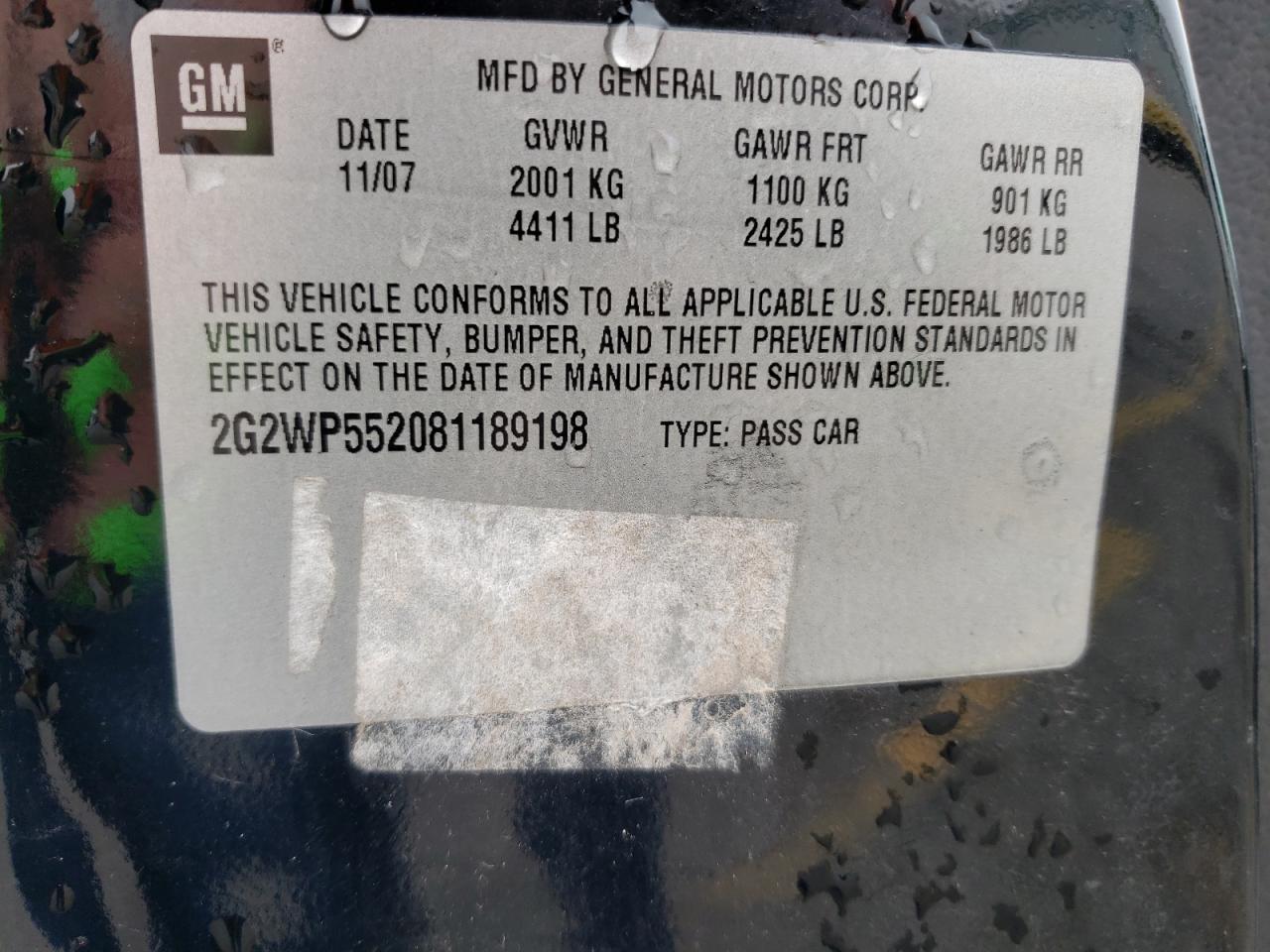 Photo 10 from auction – 2008 PONTIAC GRAND PRIX with VIN 2G2WP552081189198