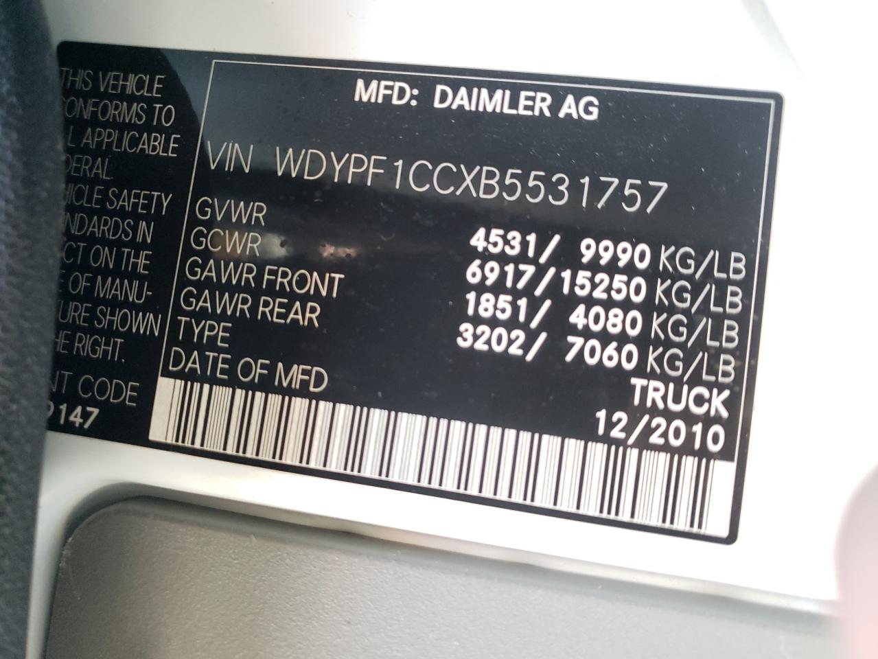 Photo 10 from auction – 2011 FREIGHTLINER SPRINTER 3 with VIN WDYPF1CCXB5531757