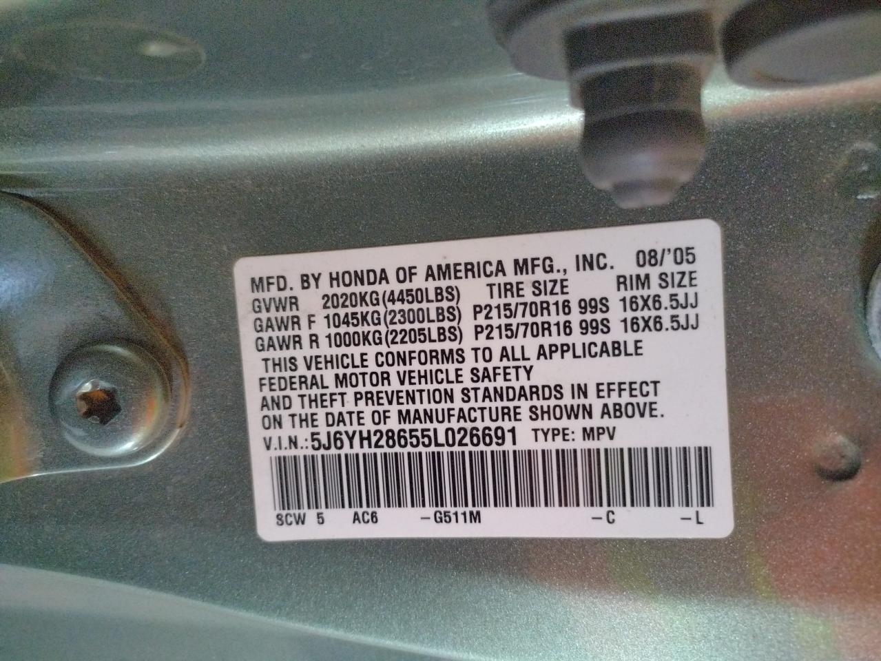 Photo 10 from auction – 2005 HONDA ELEMENT EX with VIN 5J6YH28655L026691