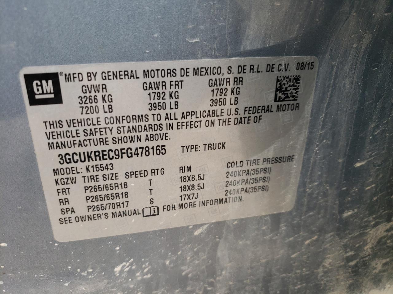 Foto 10 de la subasta – 2015 CHEVROLET SILVERADO con VIN 3GCUKREC9FG478165