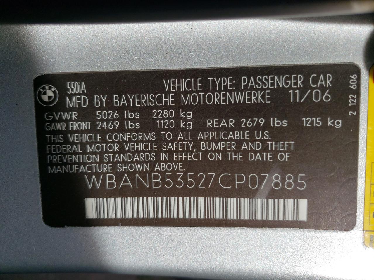Photo 10 from auction – 2007 BMW 550 I with VIN WBANB53527CP07885