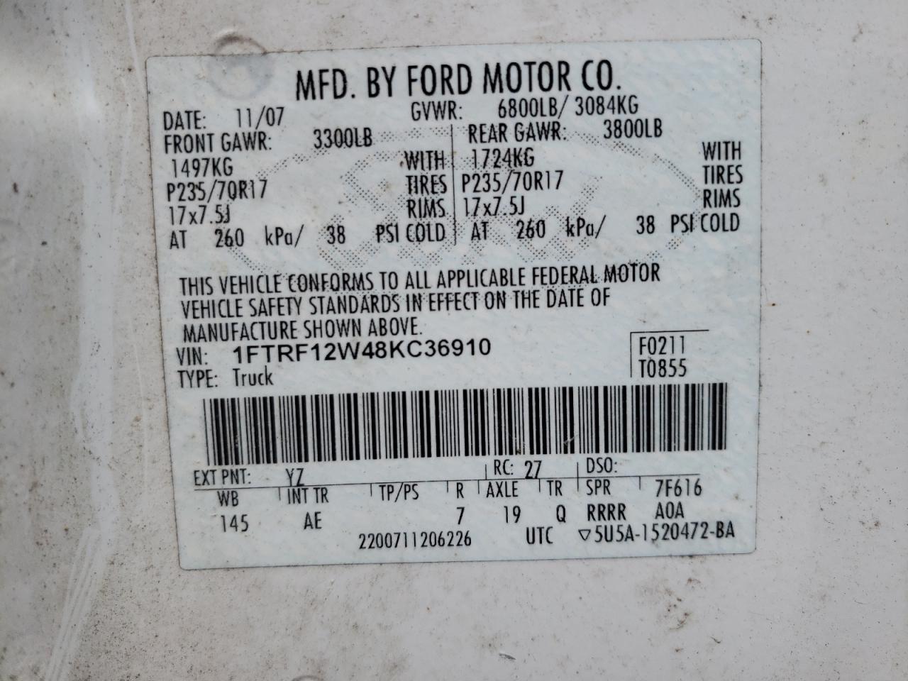 Photo 10 from auction – 2008 FORD F150 with VIN 1FTRF12W48KC36910