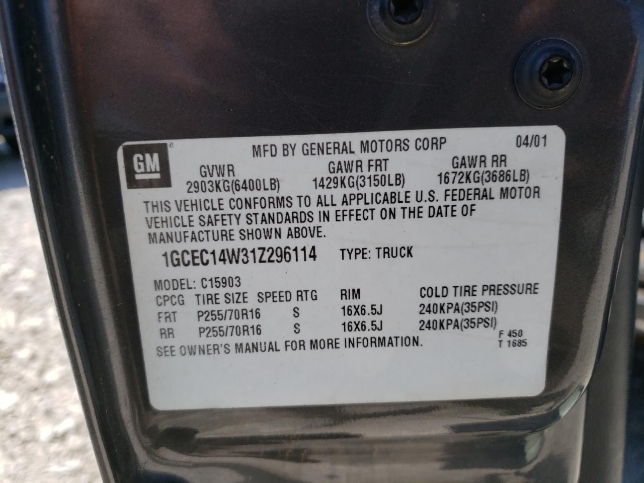 Photo 10 from auction – 2001 CHEVROLET SILVERADO with VIN 1GCEC14W31Z296114