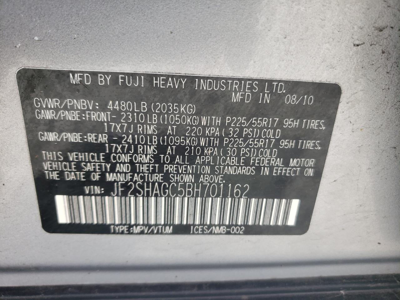 Photo 10 from auction – 2011 SUBARU FORESTER T with VIN JF2SHAGC5BH701162