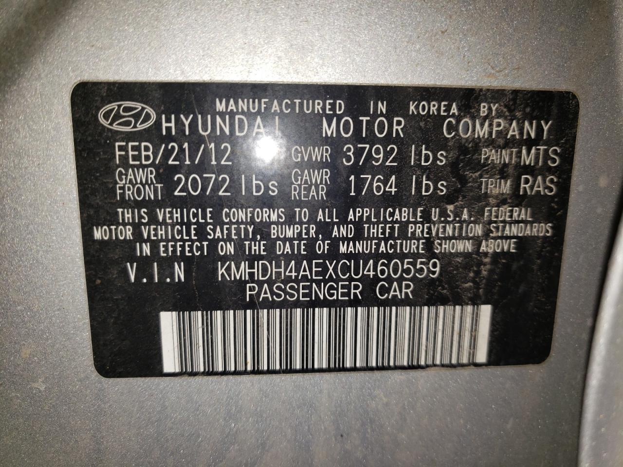 Photo 10 from auction – 2012 HYUNDAI ELANTRA GL with VIN KMHDH4AEXCU460559