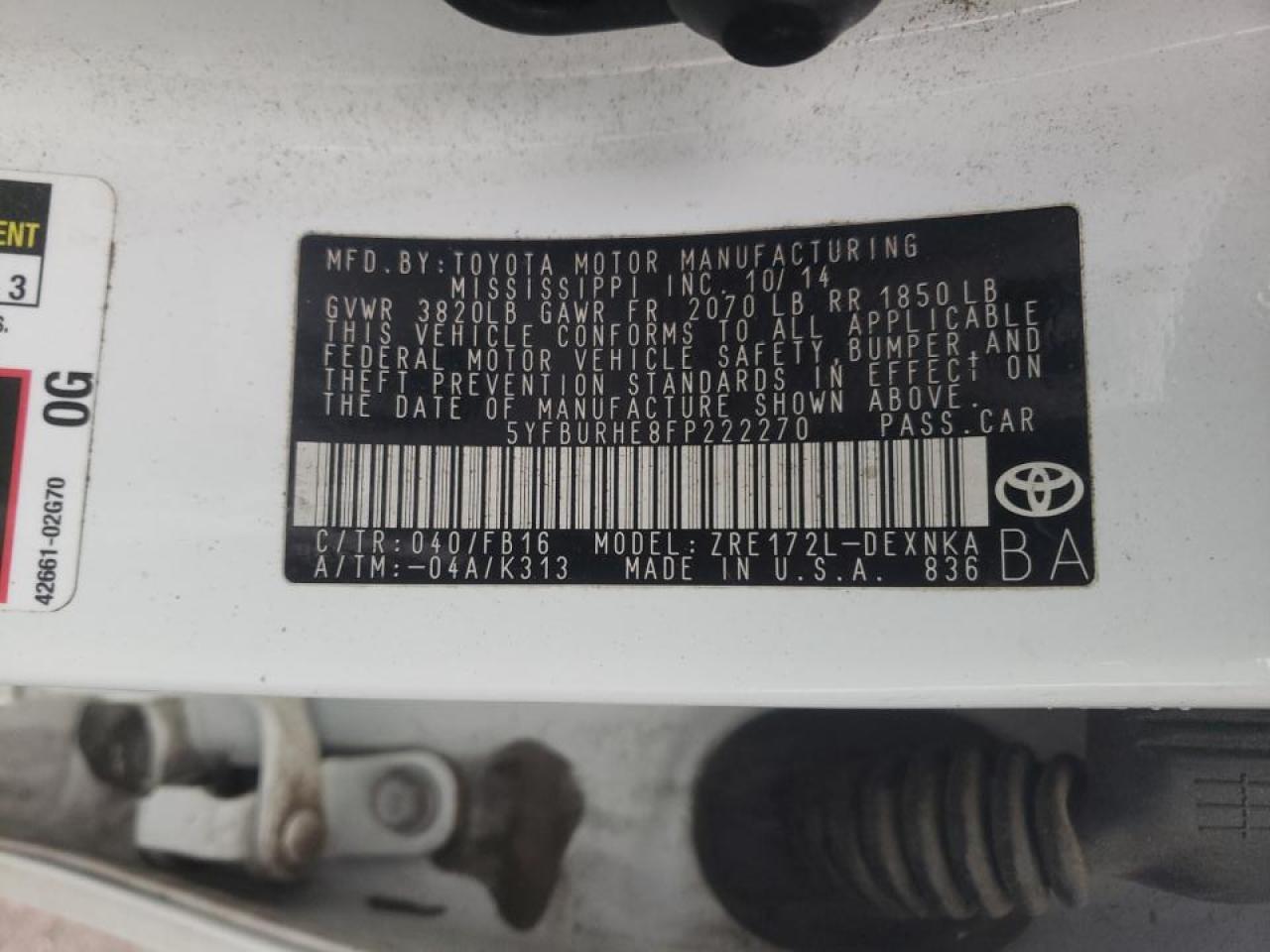 Photo 10 from auction – 2015 TOYOTA COROLLA L with VIN 5YFBURHE8FP222270