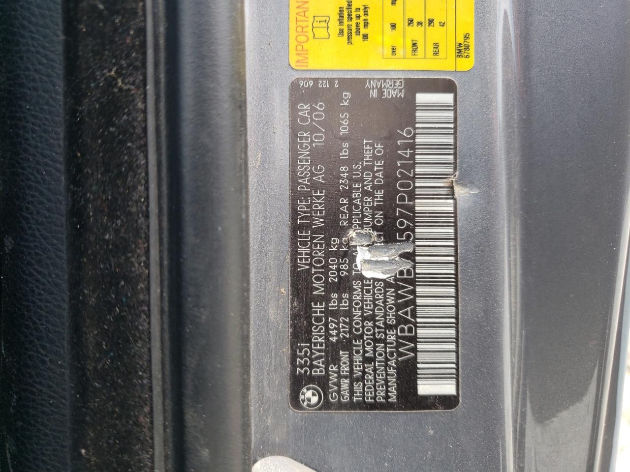 Photo 10 from auction – 2007 BMW 335 I with VIN WBAWB73597P021416