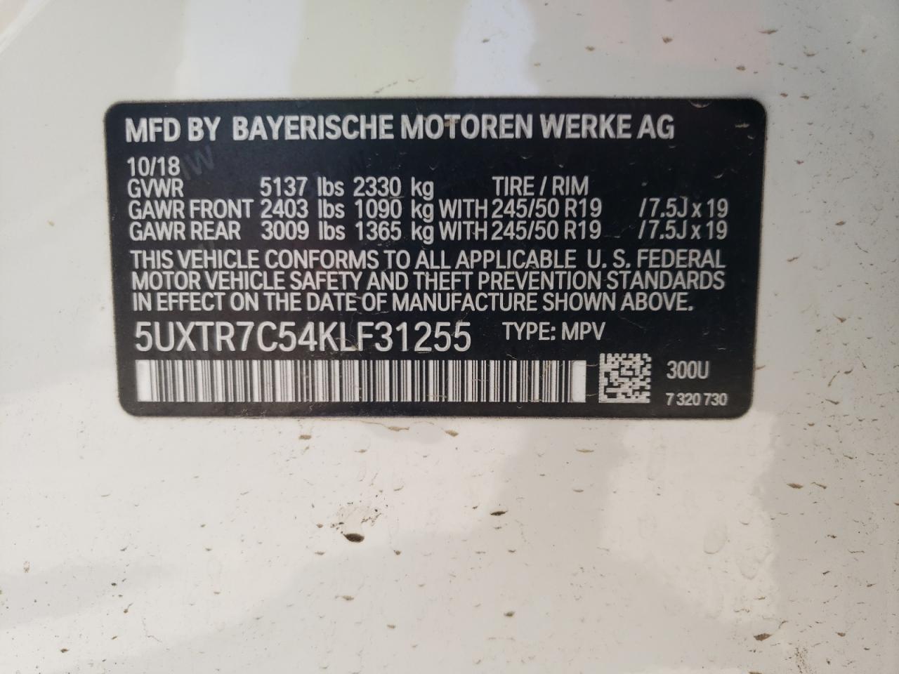 Photo 10 from auction – 2019 BMW X3 SDRIVE3 with VIN 5UXTR7C54KLF31255