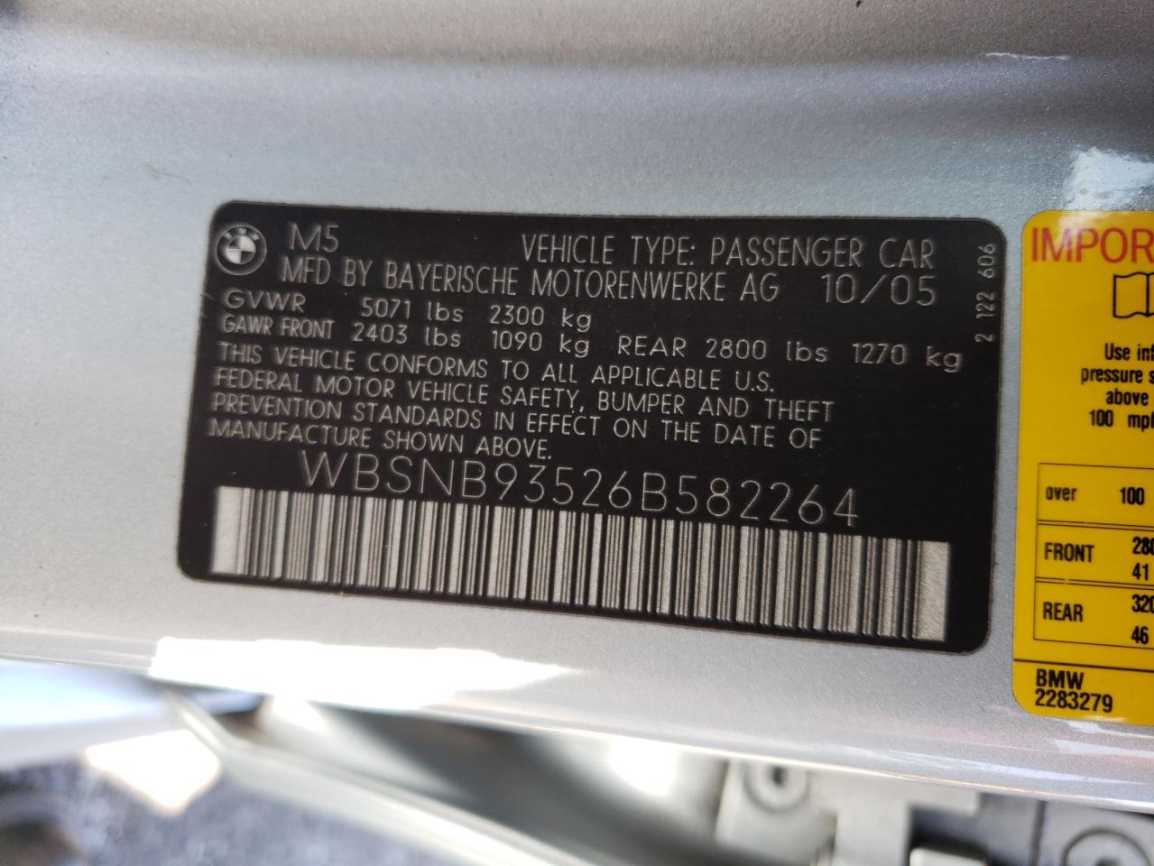 Photo 10 from auction – 2006 BMW M5 with VIN WBSNB93526B582264