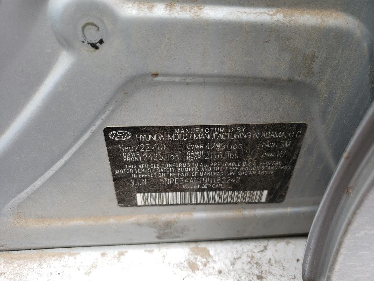 Photo 10 from auction – 2011 HYUNDAI SONATA GLS with VIN 5NPEB4AC1BH162242
