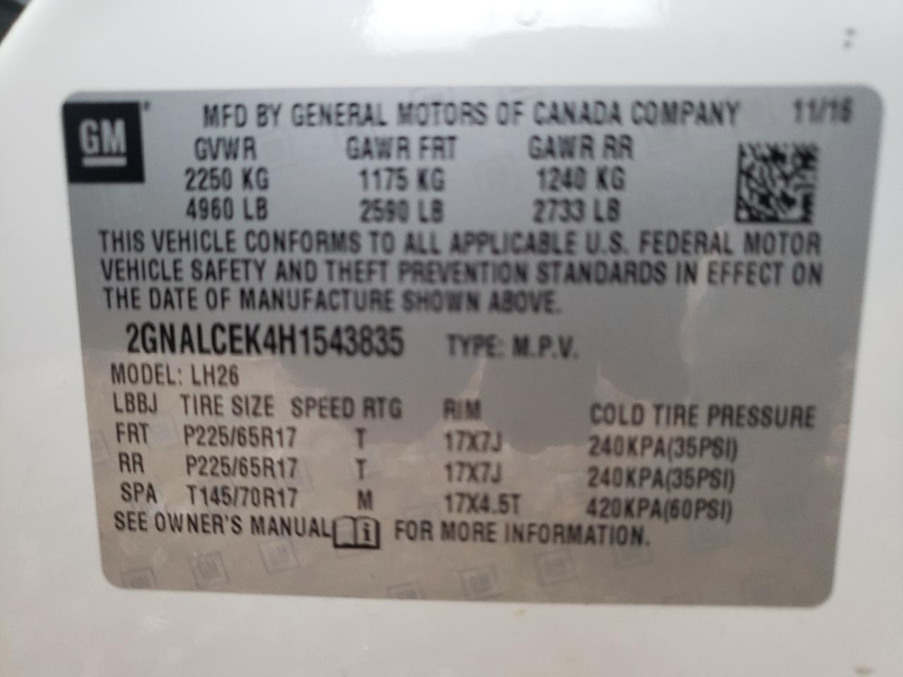Photo 10 from auction – 2017 CHEVROLET EQUINOX LT with VIN 2GNALCEK4H1543835