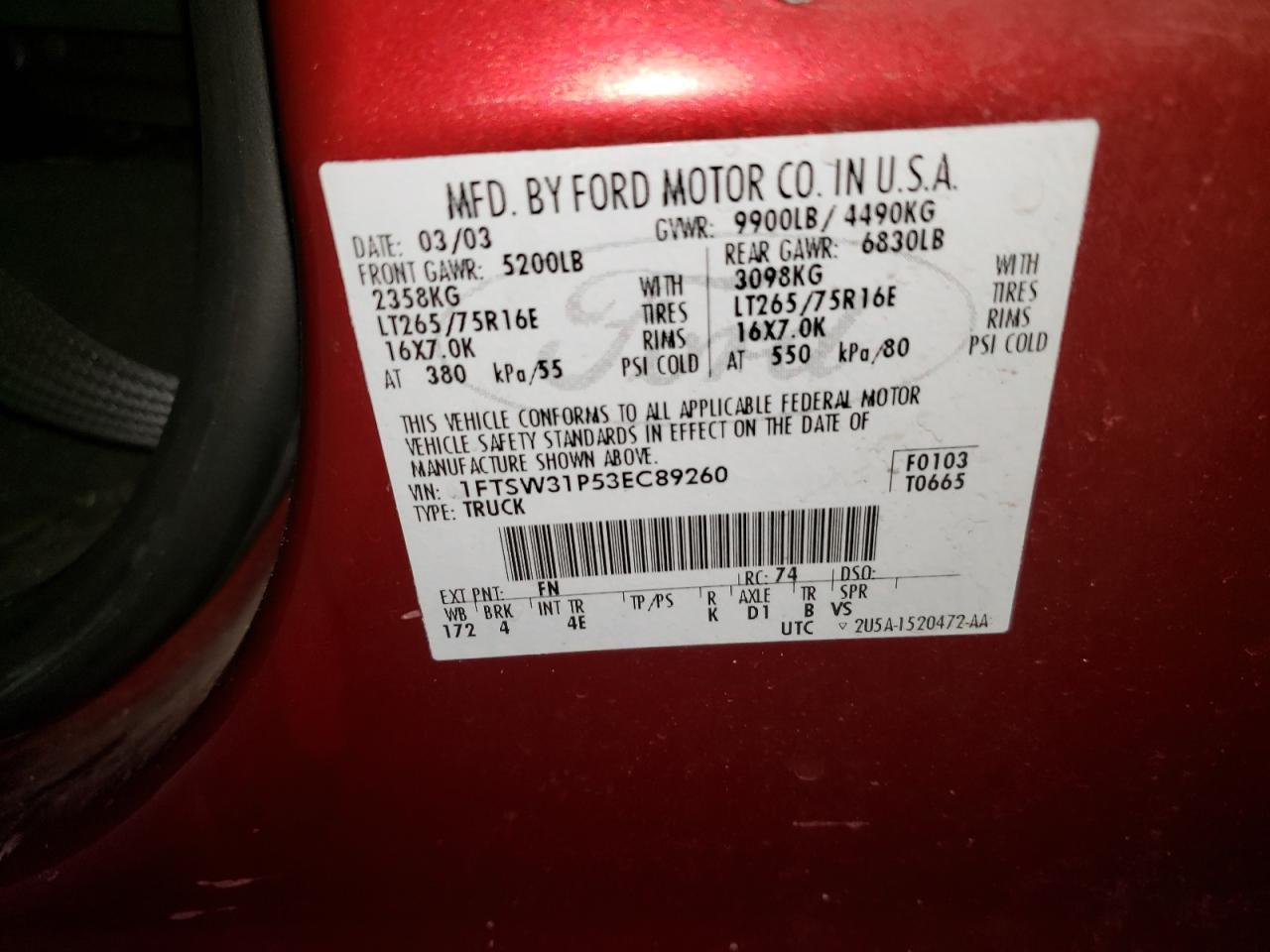 Photo 10 from auction – 2003 FORD F350 SRW S with VIN 1FTSW31P53EC89260