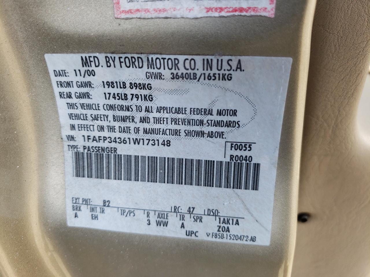 Photo 10 from auction – 2001 FORD FOCUS SE with VIN 1FAFP34361W173148