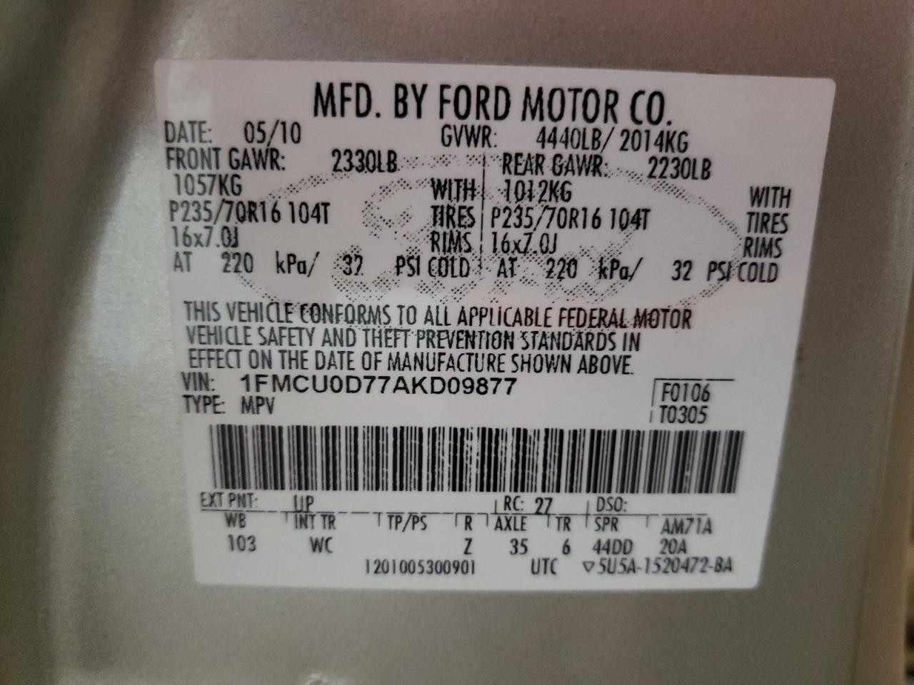 Photo 10 from auction – 2010 FORD ESCAPE XLT with VIN 1FMCU0D77AKD09877