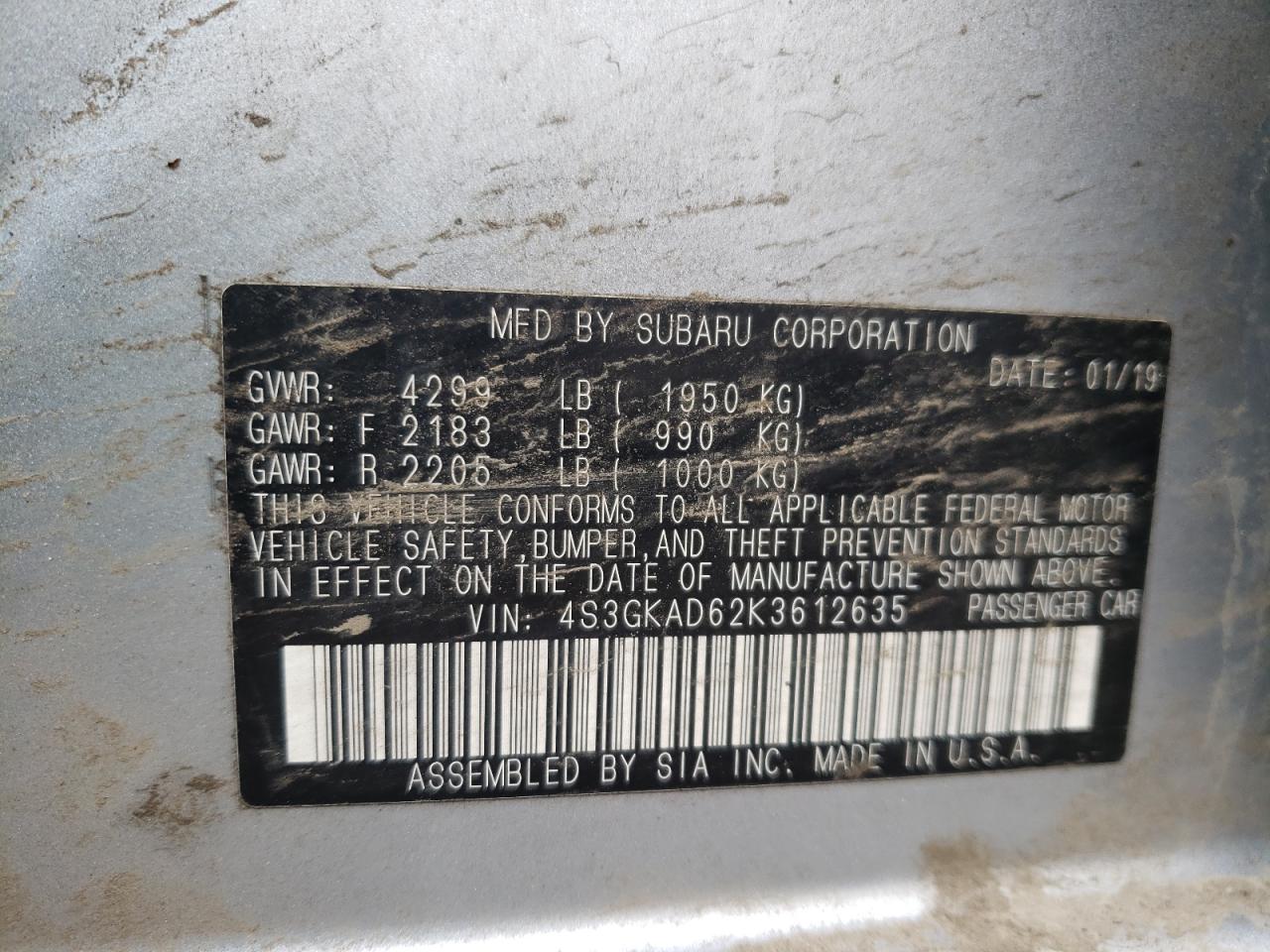 Photo 10 from auction – 2019 SUBARU IMPREZA PR with VIN 4S3GKAD62K3612635