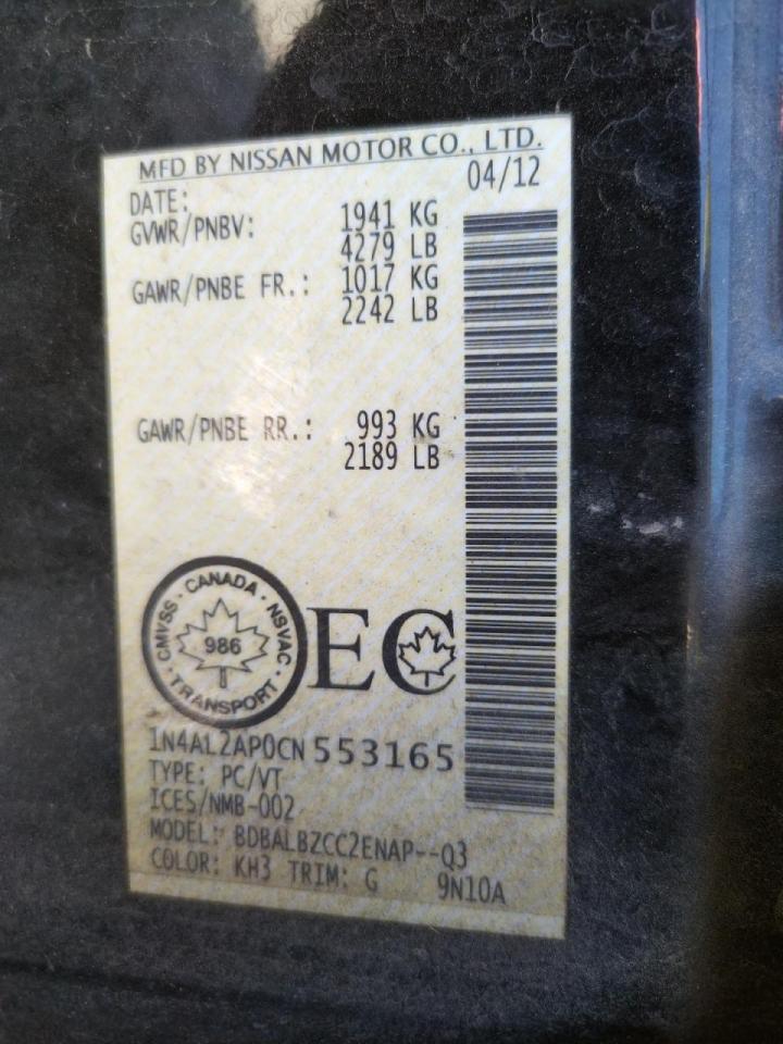 Photo 10 from auction – 2012 NISSAN ALTIMA BAS with VIN 1N4AL2AP0CN553165