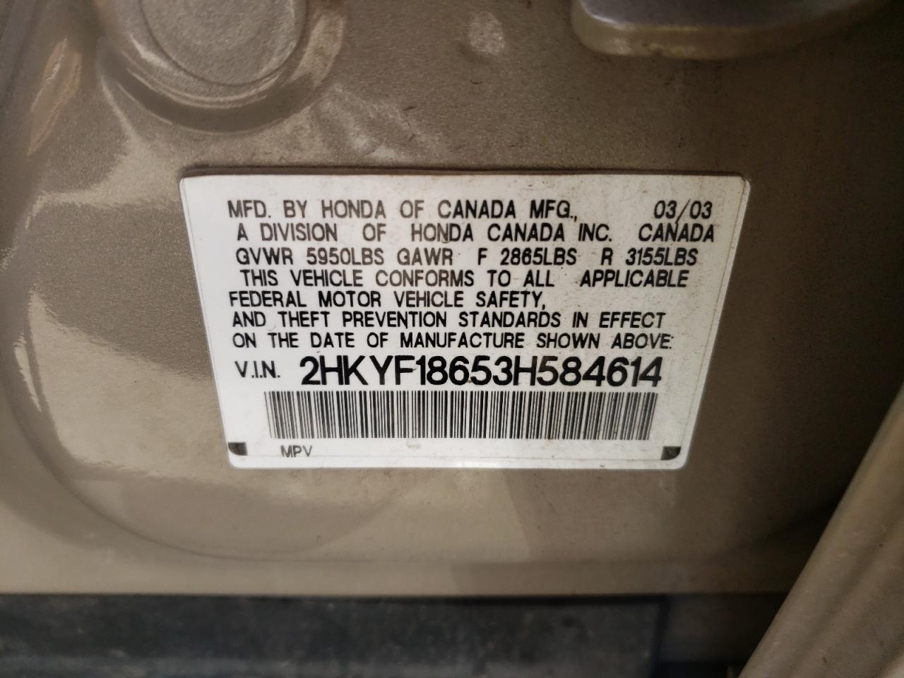 Photo 10 from auction – 2003 HONDA PILOT EXL with VIN 2HKYF18653H584614