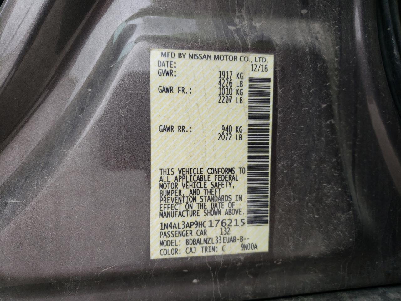 Photo 10 from auction – 2017 NISSAN ALTIMA 2.5 with VIN 1N4AL3AP9HC176215