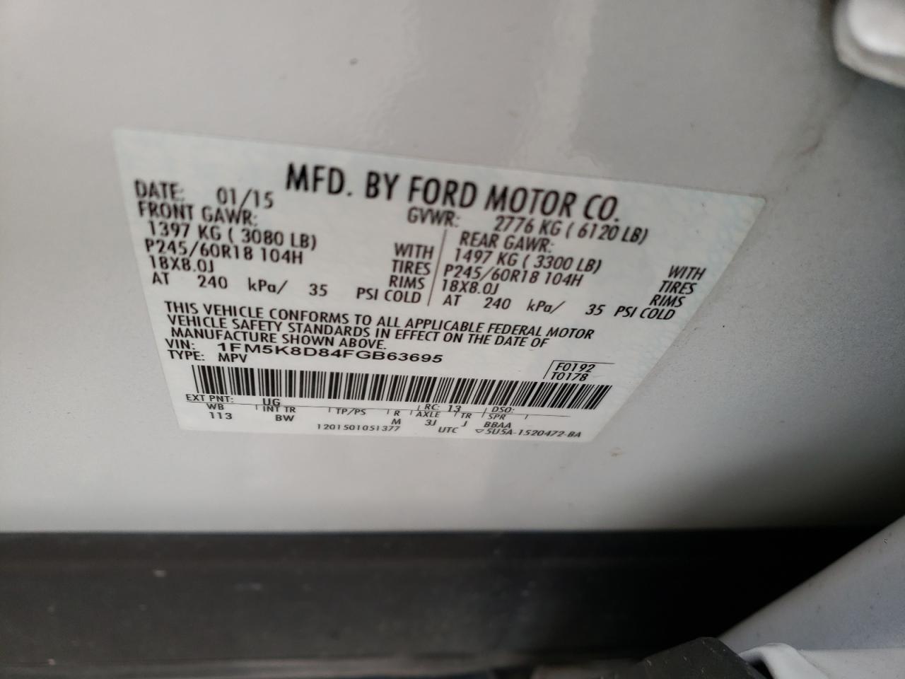 Photo 10 from auction – 2015 FORD EXPLORER X with VIN 1FM5K8D84FGB63695