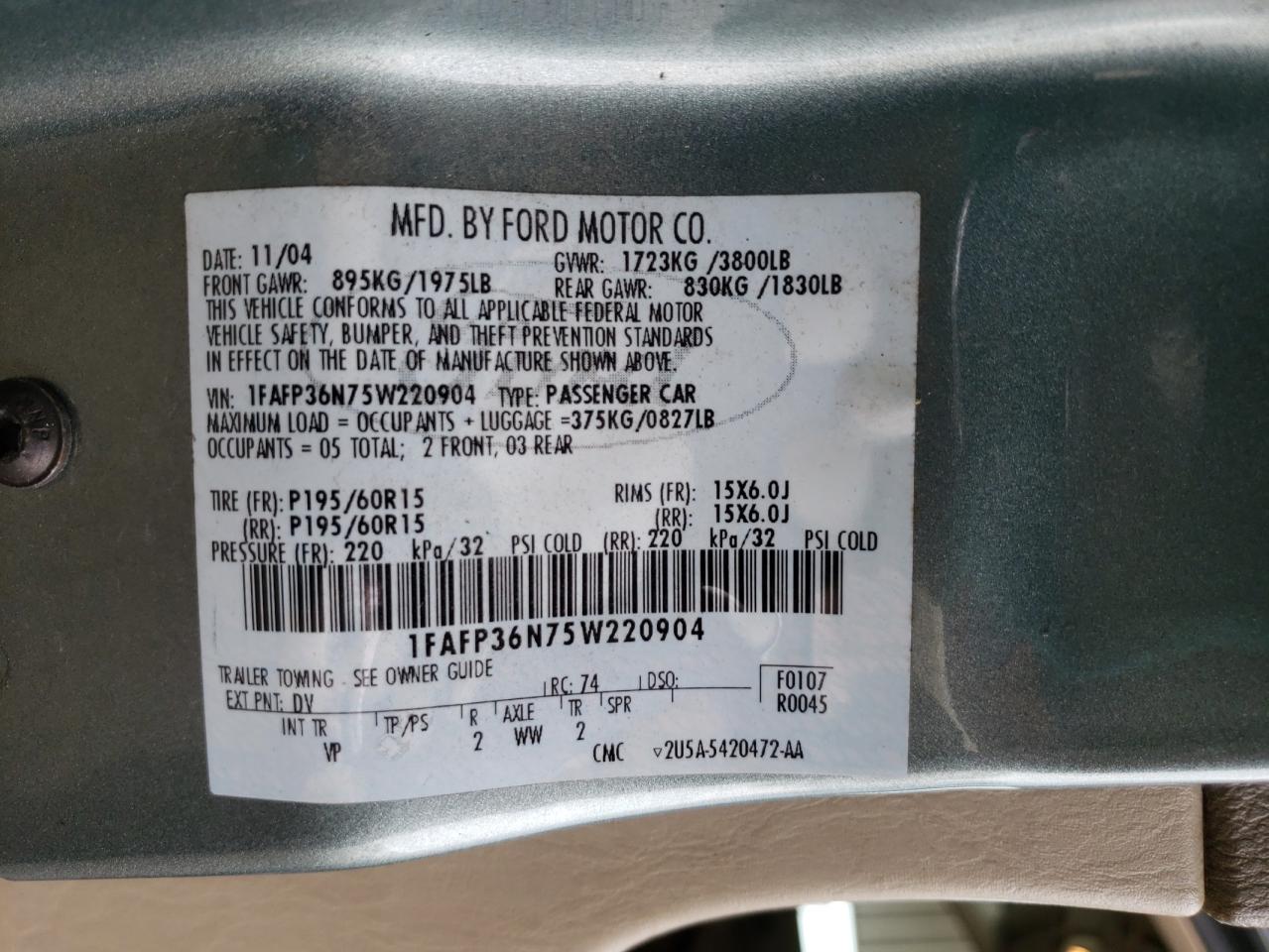 Photo 10 from auction – 2005 FORD FOCUS ZXW with VIN 1FAFP36N75W220904