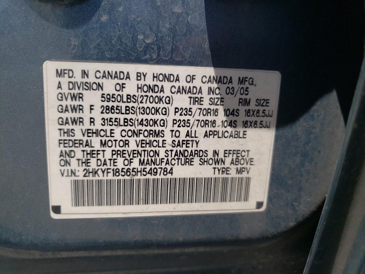 Photo 10 from auction – 2005 HONDA PILOT EXL with VIN 2HKYF18565H549784