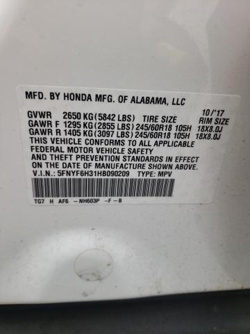 Photo 10 from auction – 2017 HONDA PILOT EX with VIN 5FNYF6H31HB090209
