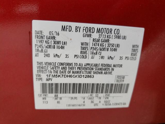 Photo 10 from auction – 2016 FORD EXPLORER X with VIN 1FM5K7DH6GGD12863