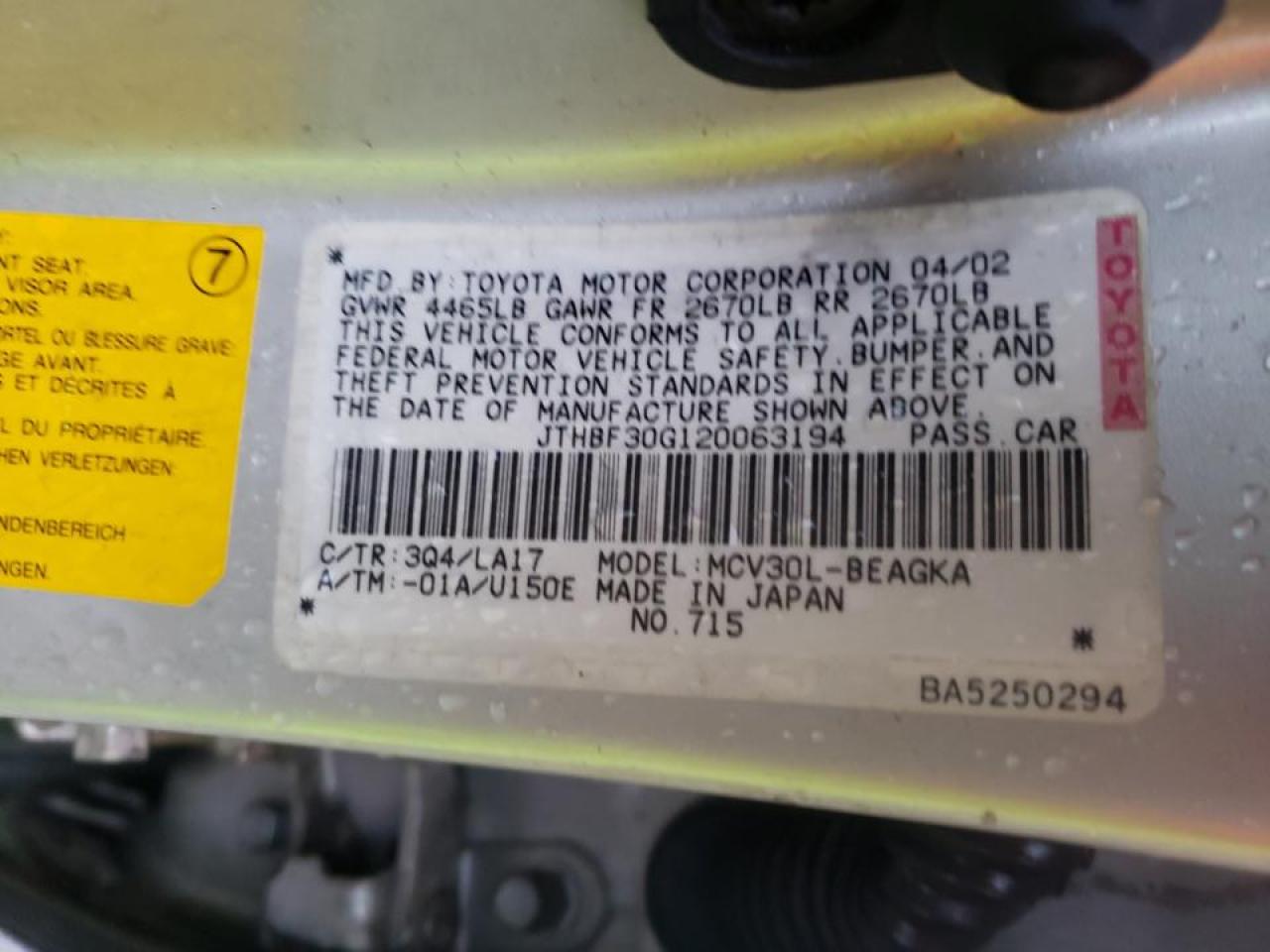 Photo 10 from auction – 2002 LEXUS ES 300 with VIN JTHBF30G120063194