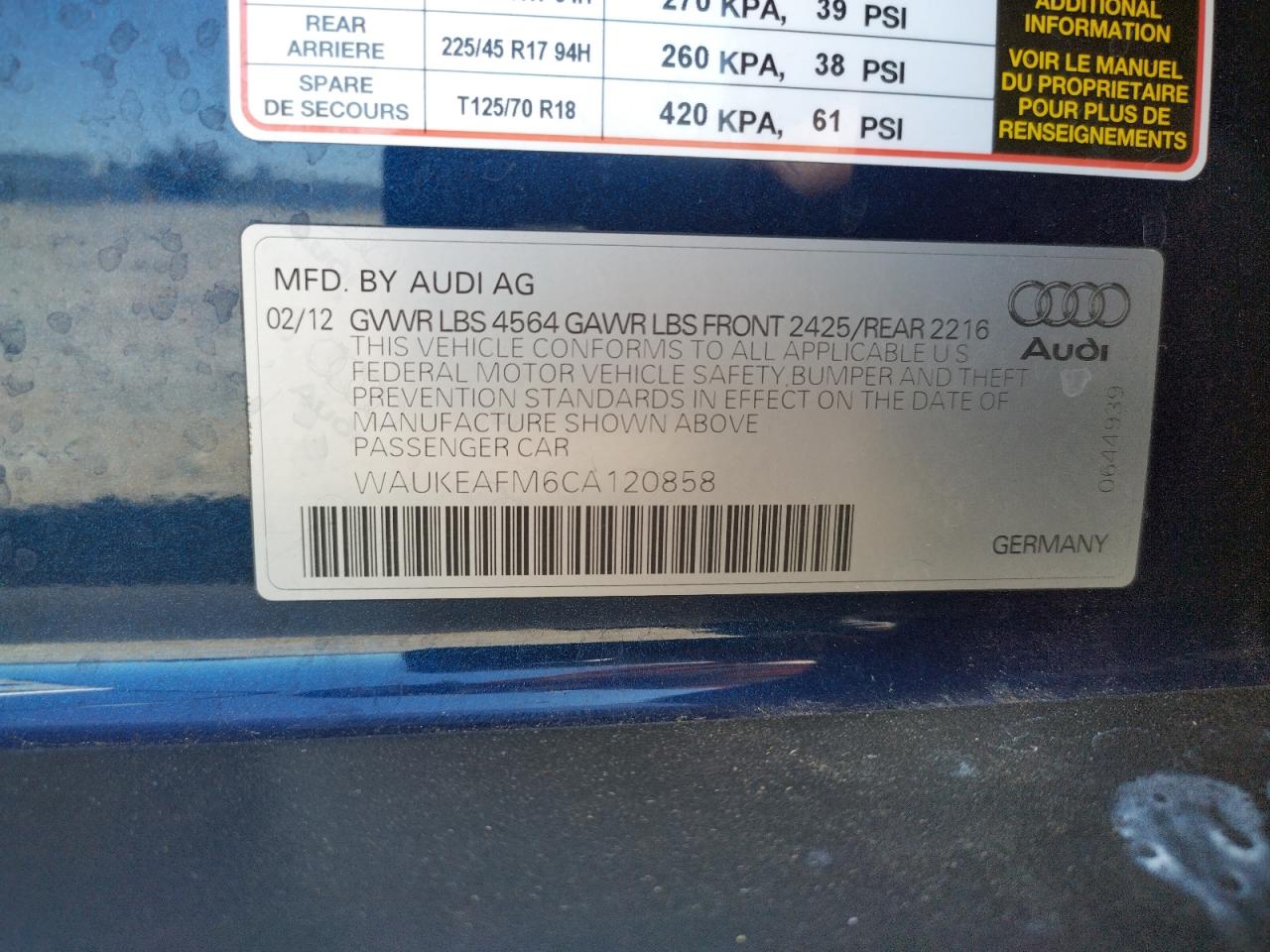 Photo 10 from auction – 2012 AUDI A3 PREMIUM with VIN WAUKEAFM6CA120858