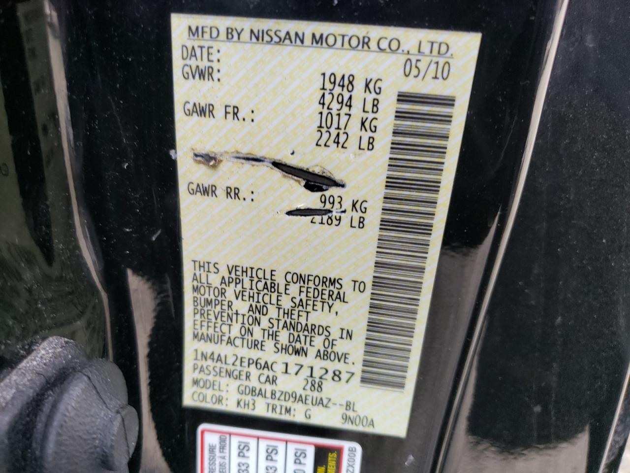 Photo 10 from auction – 2010 NISSAN ALTIMA S with VIN 1N4AL2EP6AC171287