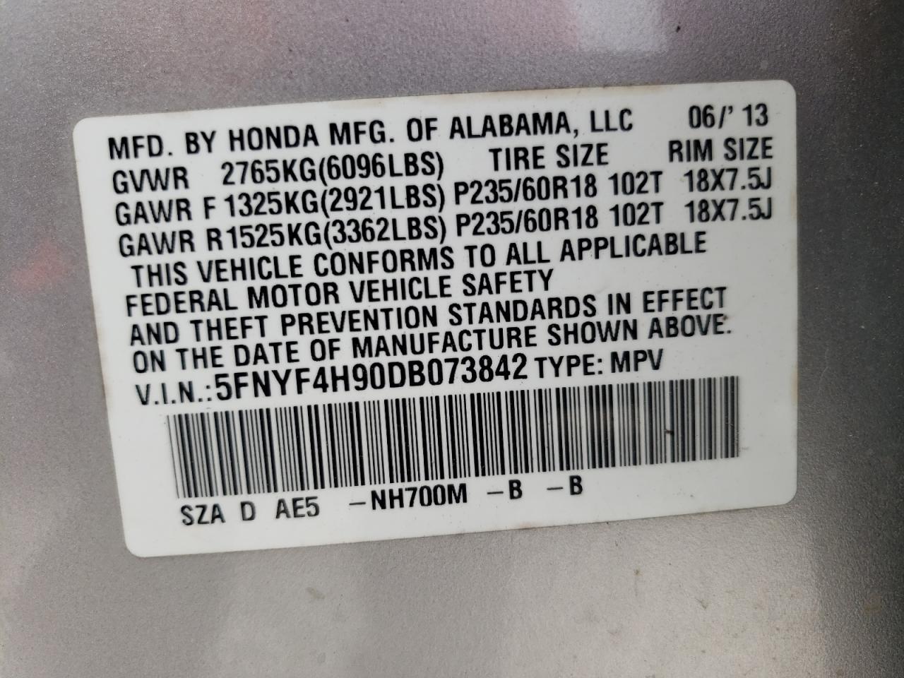 Photo 10 from auction – 2013 HONDA PILOT TOUR with VIN 5FNYF4H90DB073842