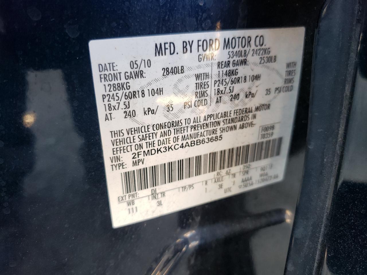 Photo 10 from auction – 2010 FORD EDGE LIMIT with VIN 2FMDK3KC4ABB63685