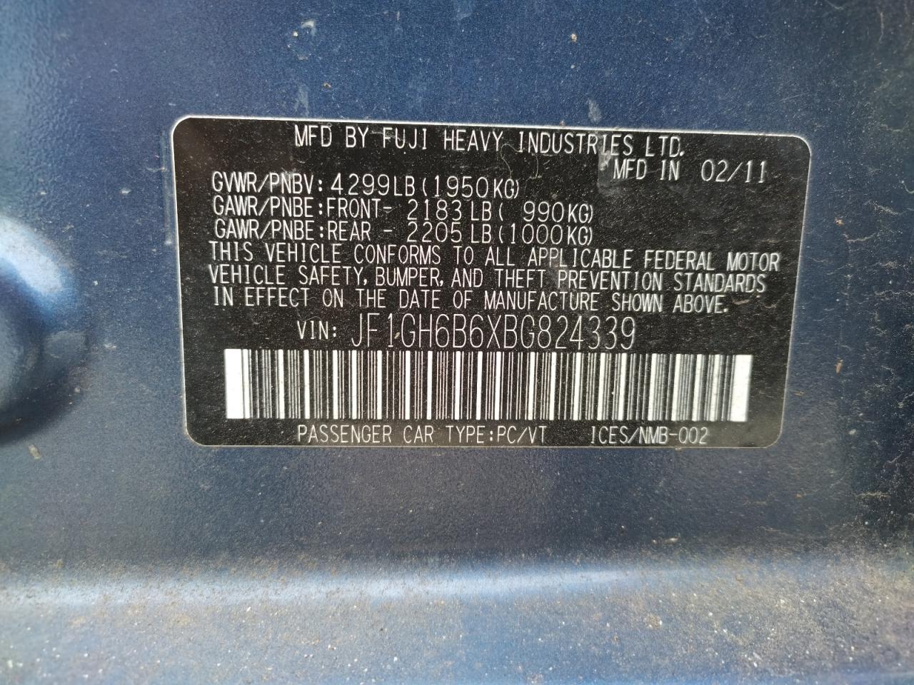 Photo 10 from auction – 2011 SUBARU IMPREZA 2. with VIN JF1GH6B6XBG824339