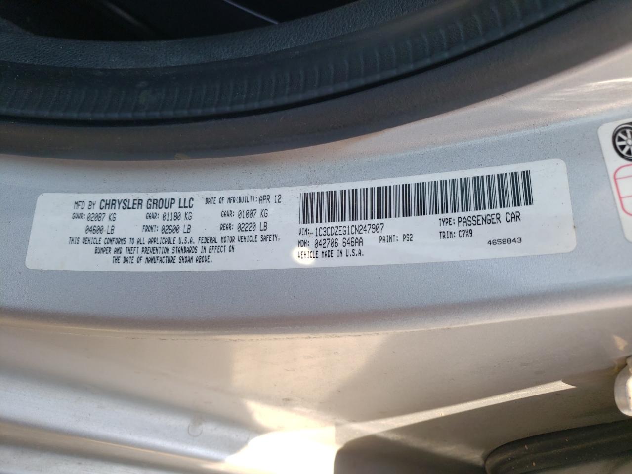 Photo 10 from auction – 2012 DODGE AVENGER SX with VIN 1C3CDZEG1CN247907