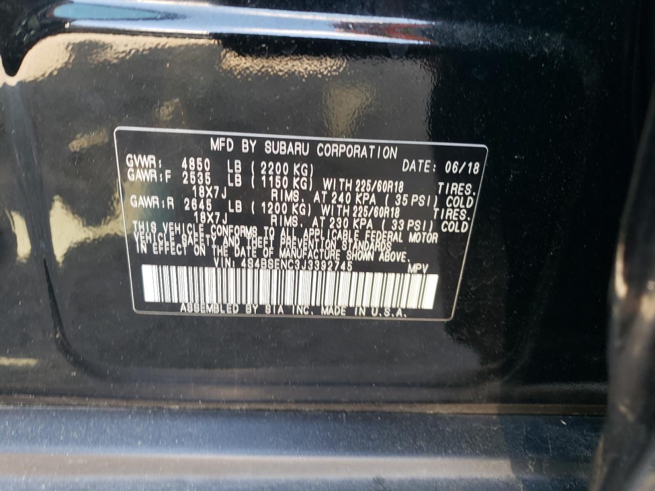 Photo 10 from auction – 2018 SUBARU OUTBACK 3. with VIN 4S4BSENC3J3392745