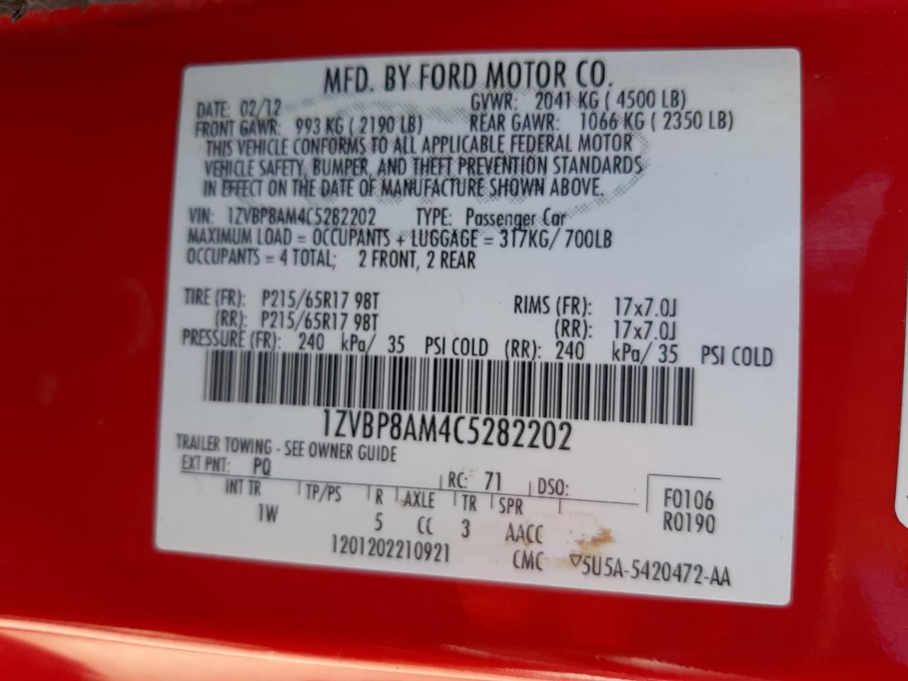 Photo 10 from auction – 2012 FORD MUSTANG with VIN 1ZVBP8AM4C5282202