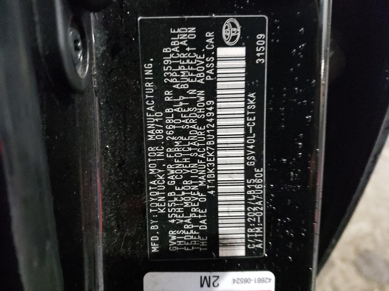 Photo 10 from auction – 2011 TOYOTA CAMRY SE with VIN 4T1BK3EK7BU124949