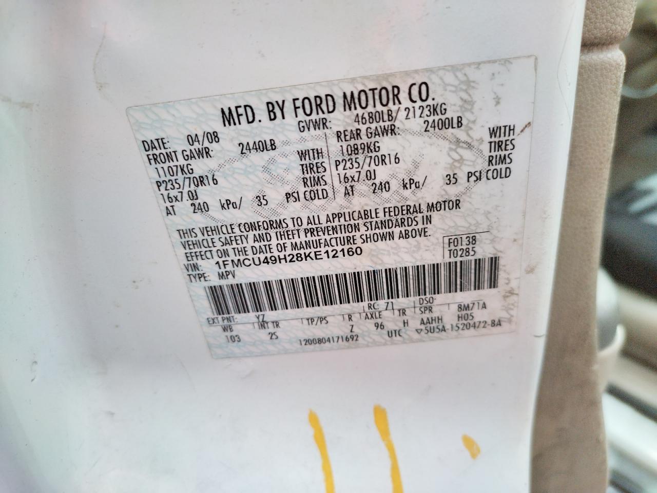 Photo 10 from auction – 2008 FORD ESCAPE HEV with VIN 1FMCU49H28KE12160