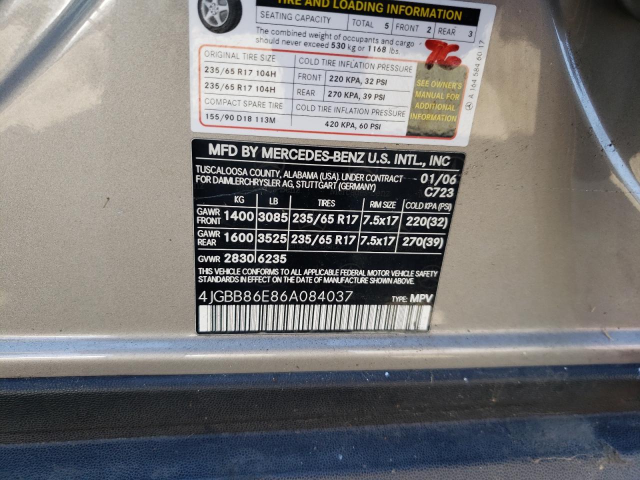 Photo 10 from auction – 2006 MERCEDES-BENZ ML 350 with VIN 4JGBB86E86A084037
