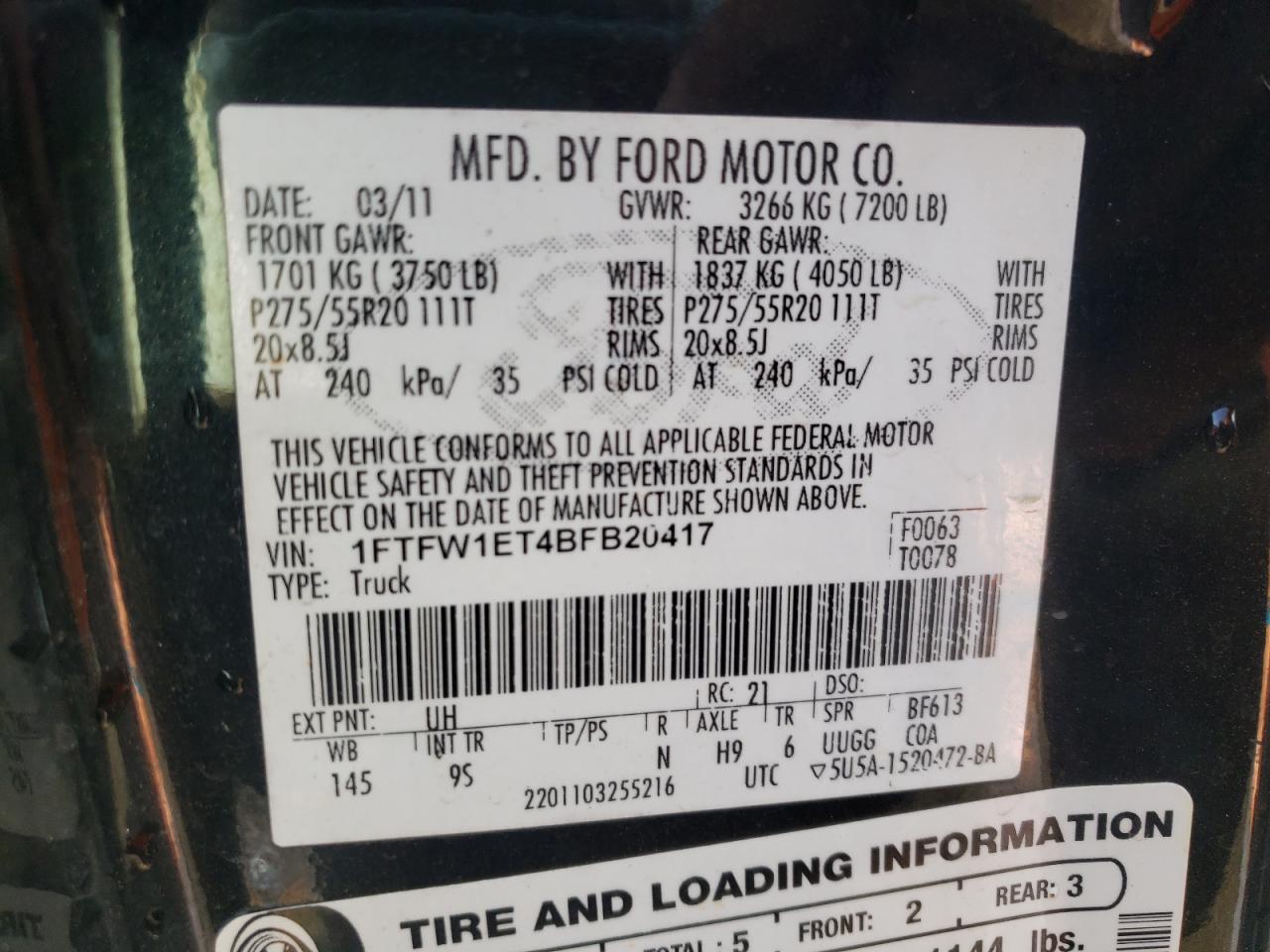 Photo 10 from auction – 2011 FORD F150 SUPER with VIN 1FTFW1ET4BFB20417