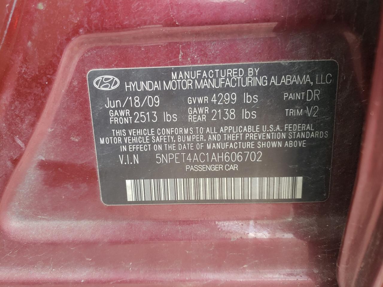 Photo 10 from auction – 2010 HYUNDAI SONATA GLS with VIN 5NPET4AC1AH606702