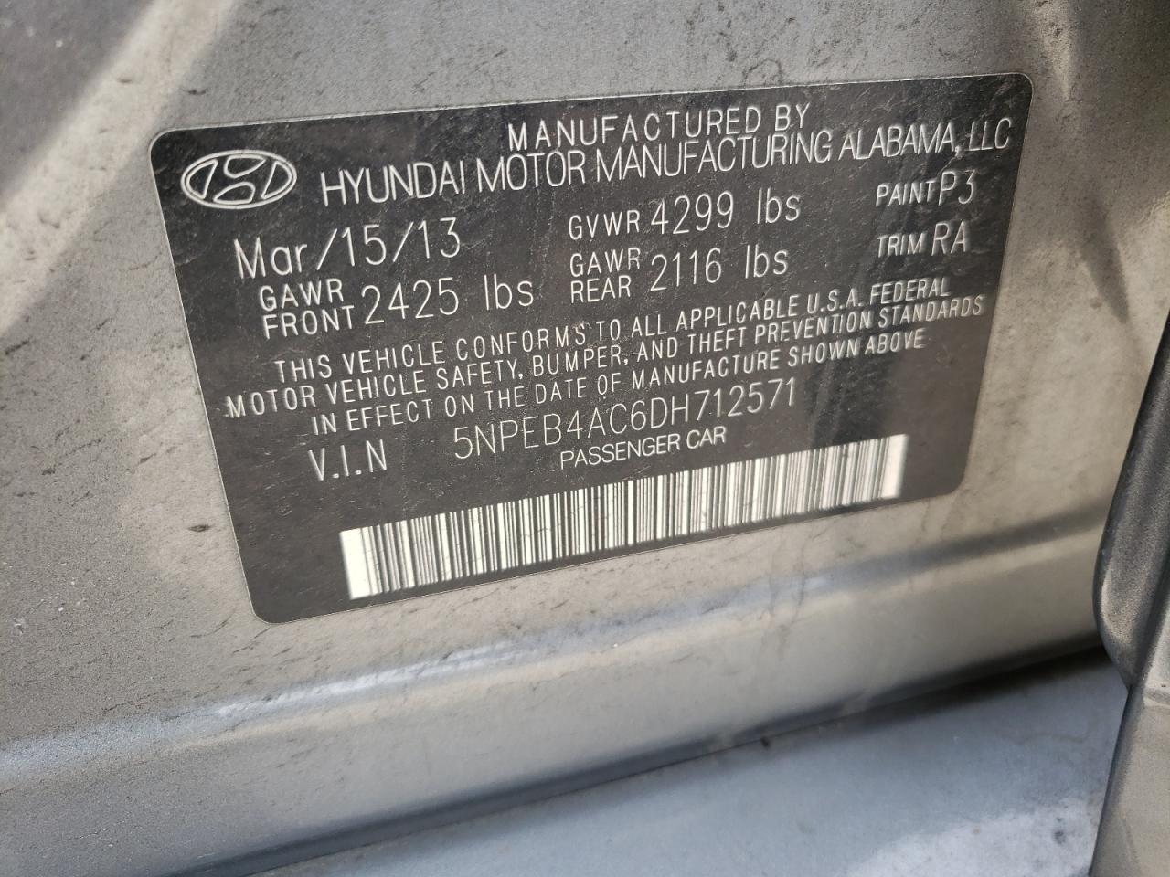 Photo 10 from auction – 2013 HYUNDAI SONATA GLS with VIN 5NPEB4AC6DH712571