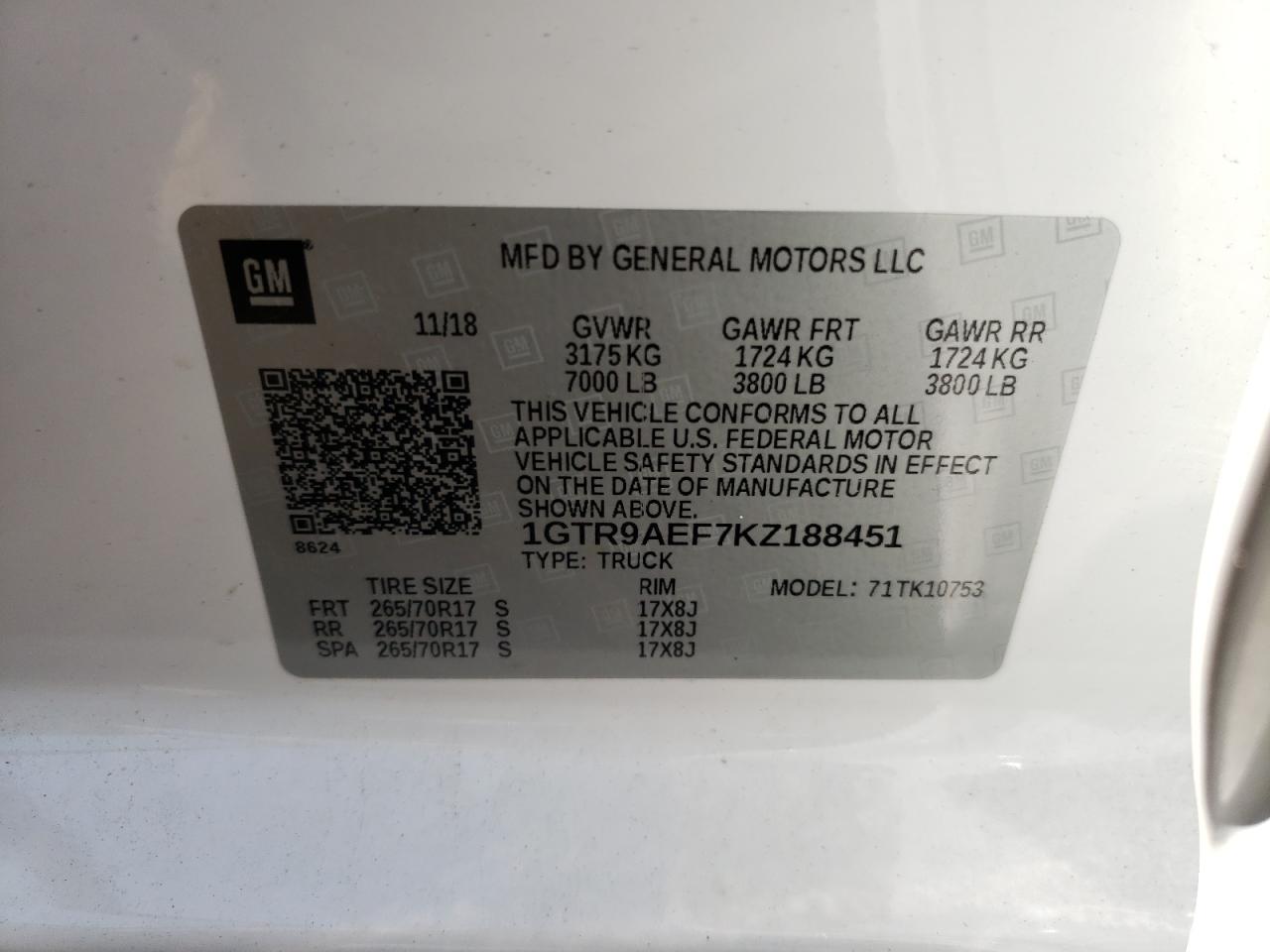 Photo 10 from auction – 2019 GMC SIERRA K15 with VIN 1GTR9AEF7KZ188451