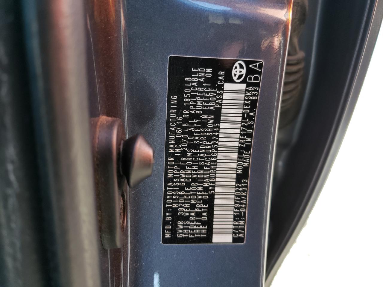 Photo 10 from auction – 2016 TOYOTA COROLLA L with VIN 5YFBURHE6GP527445