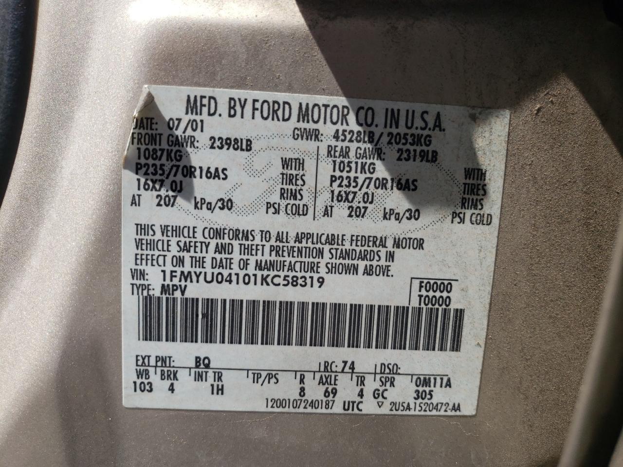 Photo 10 from auction – 2001 FORD ESCAPE XLT with VIN 1FMYU04101KC58319
