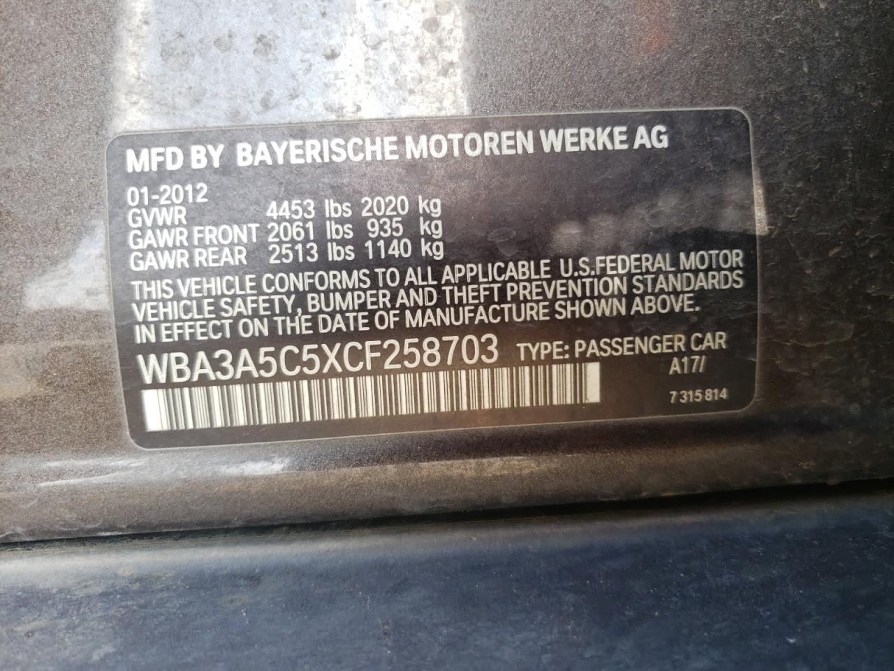 Photo 10 from auction – 2012 BMW 328 I with VIN WBA3A5C5XCF258703